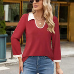 Casual Color Matching Lapel Long Sleeve Blouse Top Women - EX-STOCK CANADA