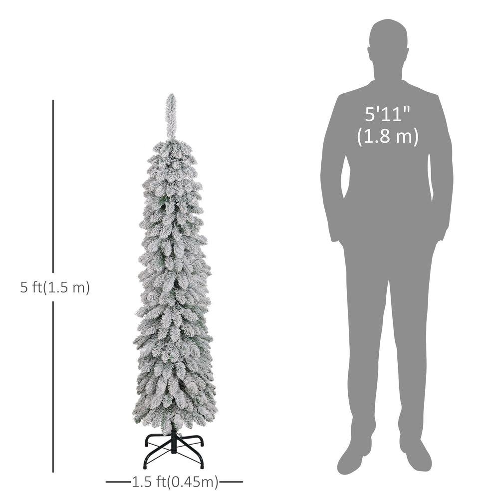5ft Snow-Flocked Artificial Christmas Tree, Slim Pencil Xmas Tree With 301 Realistic Branches, Metal Base, Green EX-STOCK Canada 