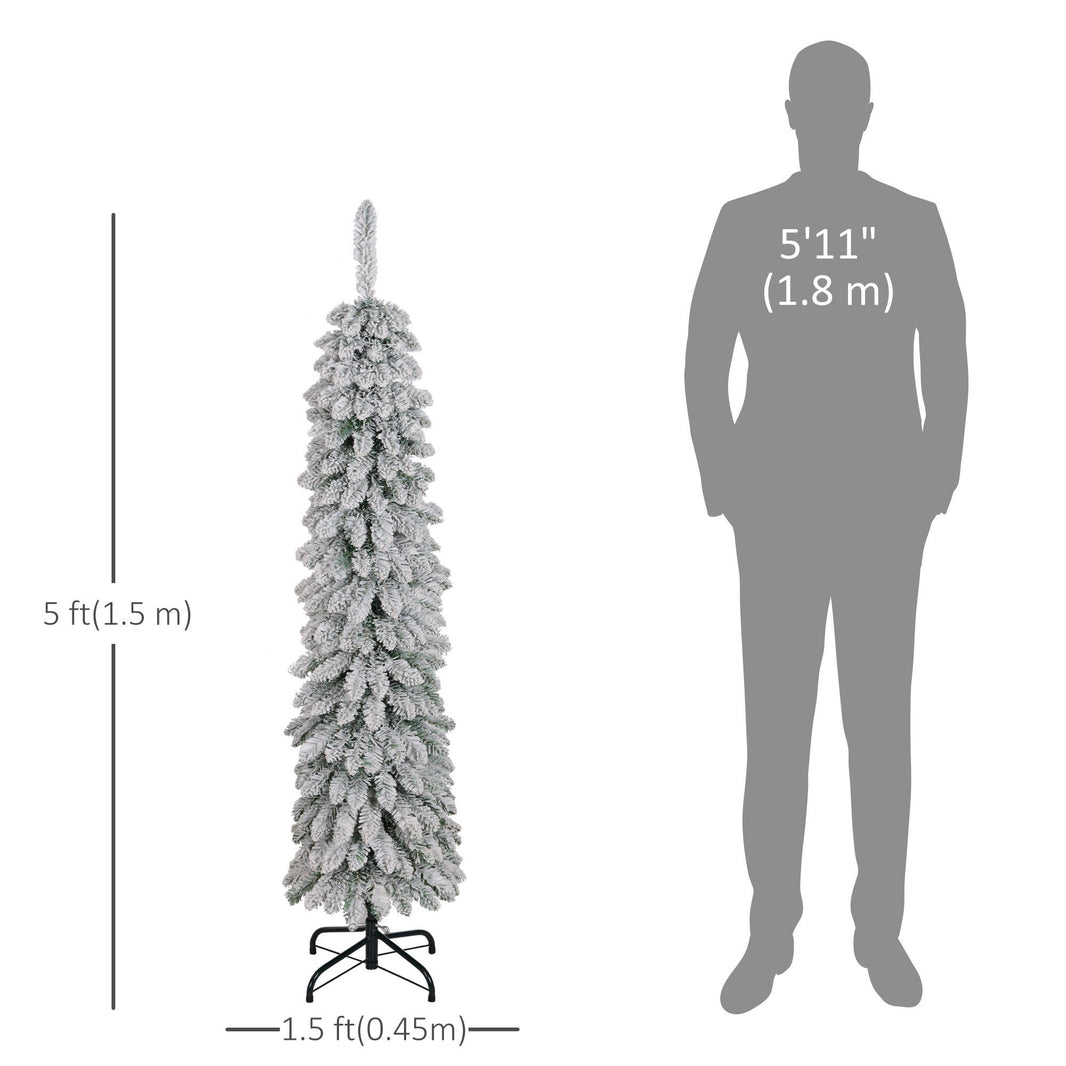5ft Snow-Flocked Artificial Christmas Tree, Slim Pencil Xmas Tree With 301 Realistic Branches, Metal Base, Green EX-STOCK Canada 