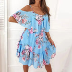 Flower Printed Ruffled Suspender Dress Summer Off-the-shoulder Strap Dresses Women - EX-STOCK CANADA