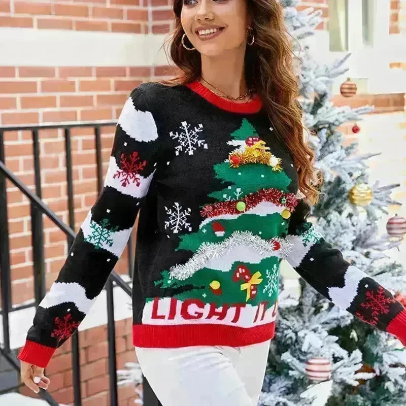Women's Christmas Sweater Reindeer Xmas Snowflake Christmas Tree Patterns Knitted Sweater Long Sleeve Elk Letter Printed Pullover - EX-STOCK CANADA