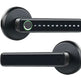 A modern black smart door lock shown from two angles on a plain white background, with a touch keypad, numeric buttons, and a circular fingerprint sensor.