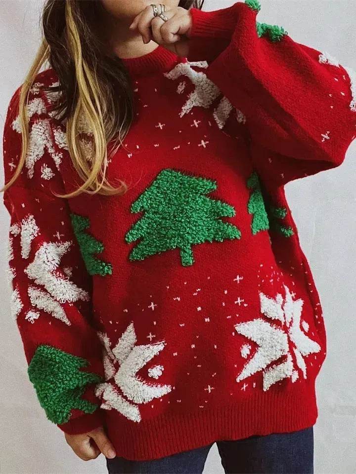Women's Fashion Christmas Tree Jacquard Round Neck Long Sleeve Pullover Sweater top - EX-STOCK Canada