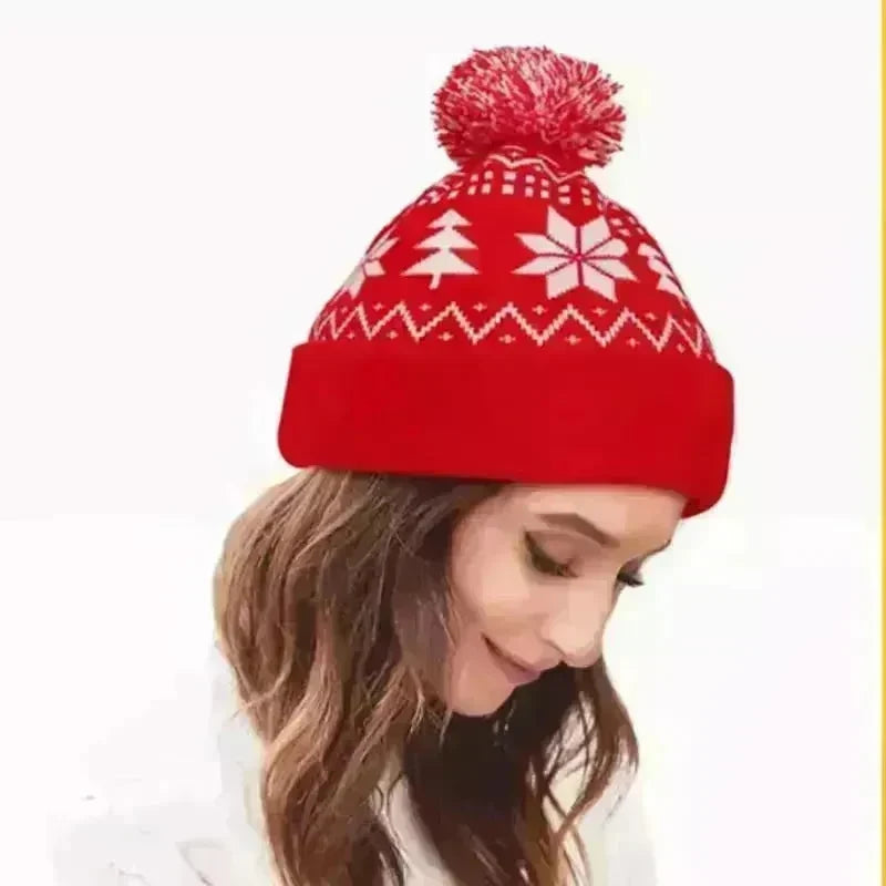 Jacquard Christmas Fluffy Ball Cap Thermal Head Cover Knitted Hat - EX-STOCK CANADA