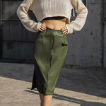 Russian Leather Midi Skirt PU Outer Belt Lining Side Zipper Back Zipper Design Sheath Women's Summer Side Slit Skirt - EX-STOCK Canada