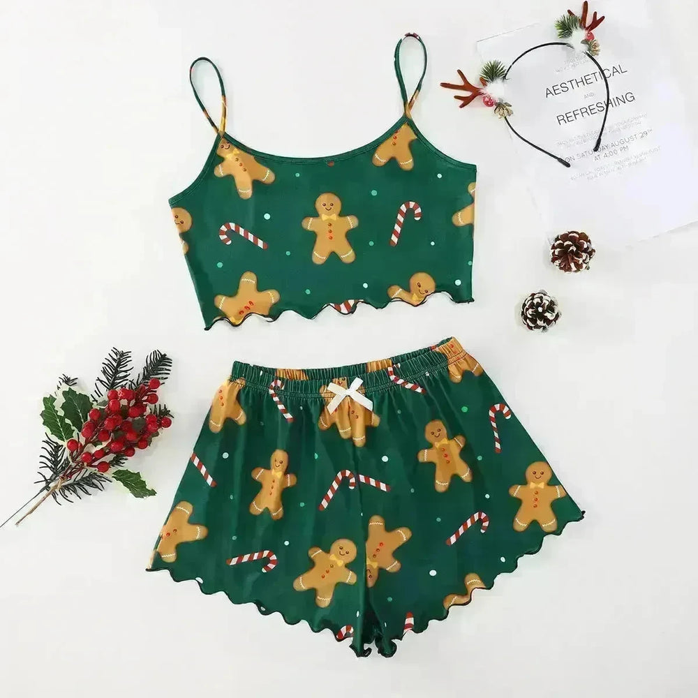 Christmas European And American Thin Pajamas Women's Sleeveless Shorts Milk Silk Simple Casual Two-piece Suit Homewear - EX-STOCK CANADA