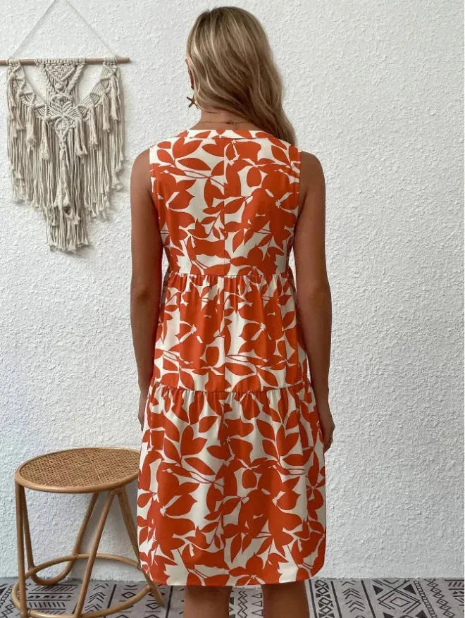 Bohemian Dresses Summer Beach Fashion Loose V-neck Pleated Print Sleeveless Dress For Women - EX-STOCK CANADA