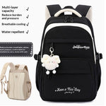 Black and beige backpack with white accents, featuring a cute white plush sheep keychain, shown alongside feature text and a smaller inset view of the backpack.