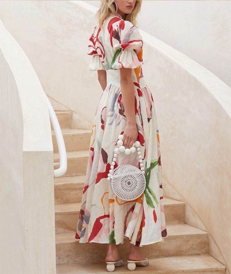 Summer Print Dresses V-neck Button Short Sleeve Midi Dress - EX-STOCK Canada