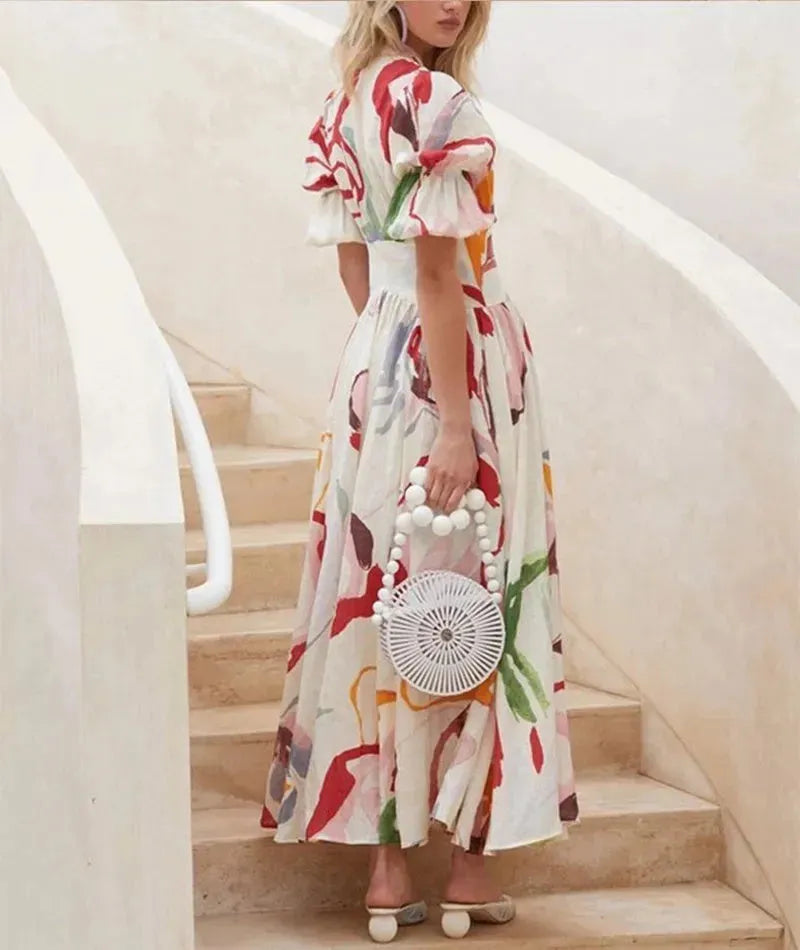 Summer Print Dresses V-neck Button Short Sleeve Midi Dress - EX-STOCK CANADA