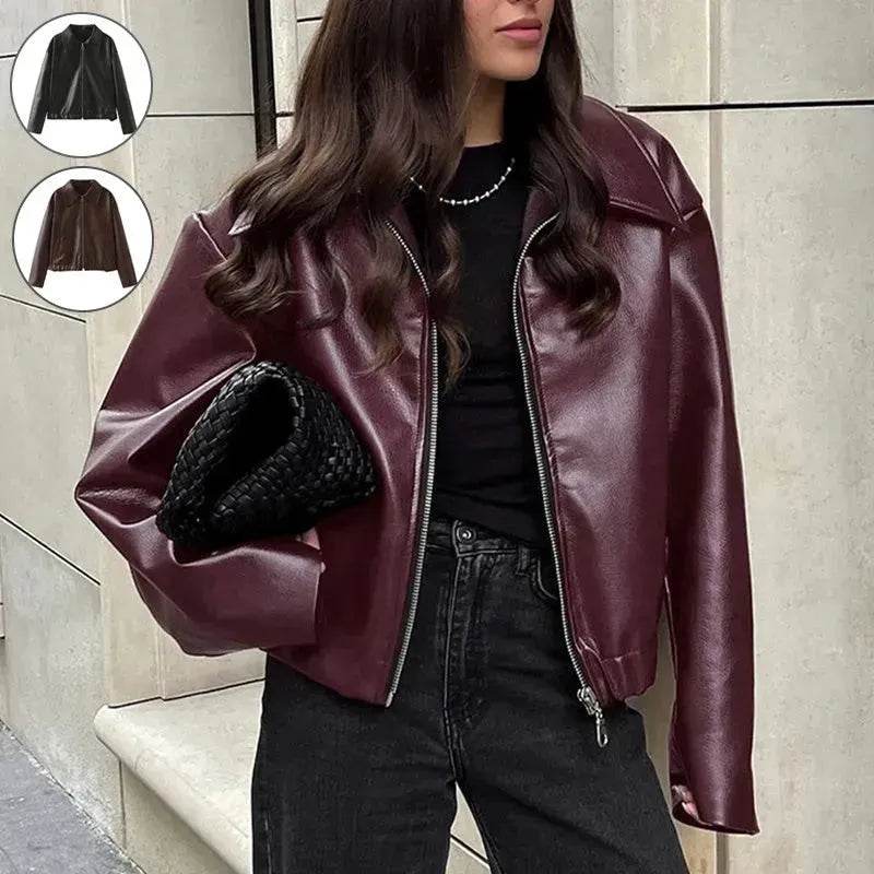 Fashioned Oversized zipper Lapel Leather coat jacket for women - EX-STOCK Canada