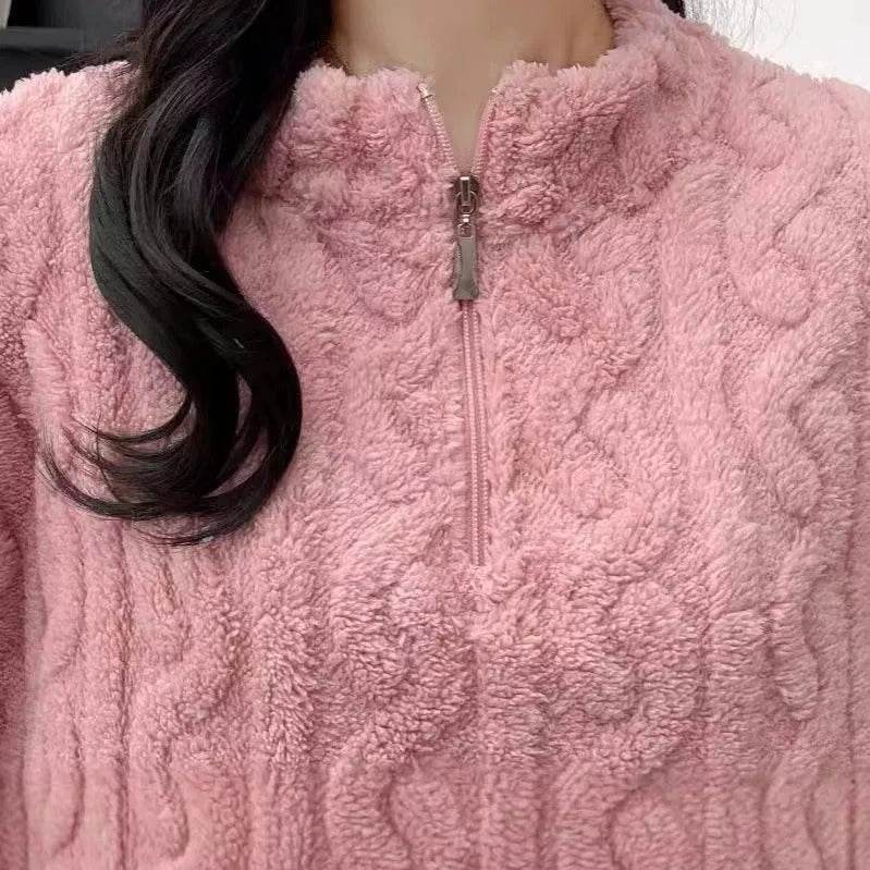 Autumn And Winter New Twist Zipper Couple Fleece-lined Thick Coral Fleece Pajamas Homewear Loungewear Sleepwear For Sleeping - EX-STOCK Canada