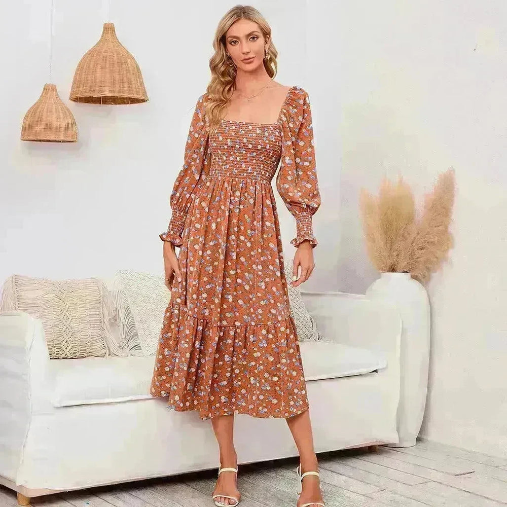 Chiffon European And American Square Collar Horn Printing Comfortable Floral Skirt - EX-STOCK CANADA