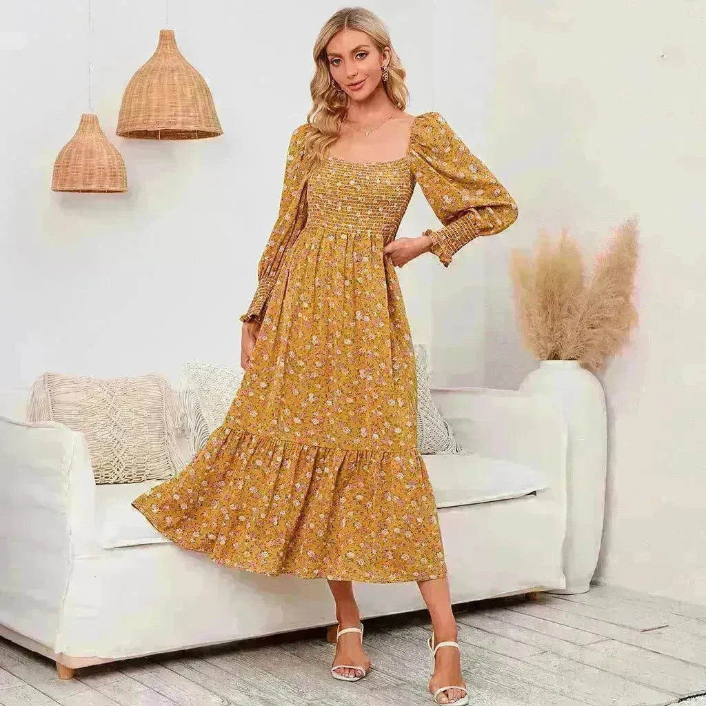 Chiffon European And American Square Collar Horn Printing Comfortable Floral Skirt - EX-STOCK CANADA