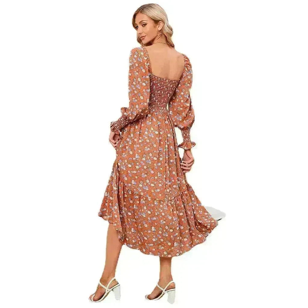 Chiffon European And American Square Collar Horn Printing Comfortable Floral Skirt - EX-STOCK CANADA