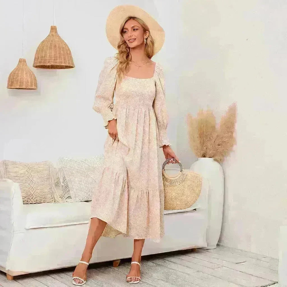 Chiffon European And American Square Collar Horn Printing Comfortable Floral Skirt - EX-STOCK CANADA
