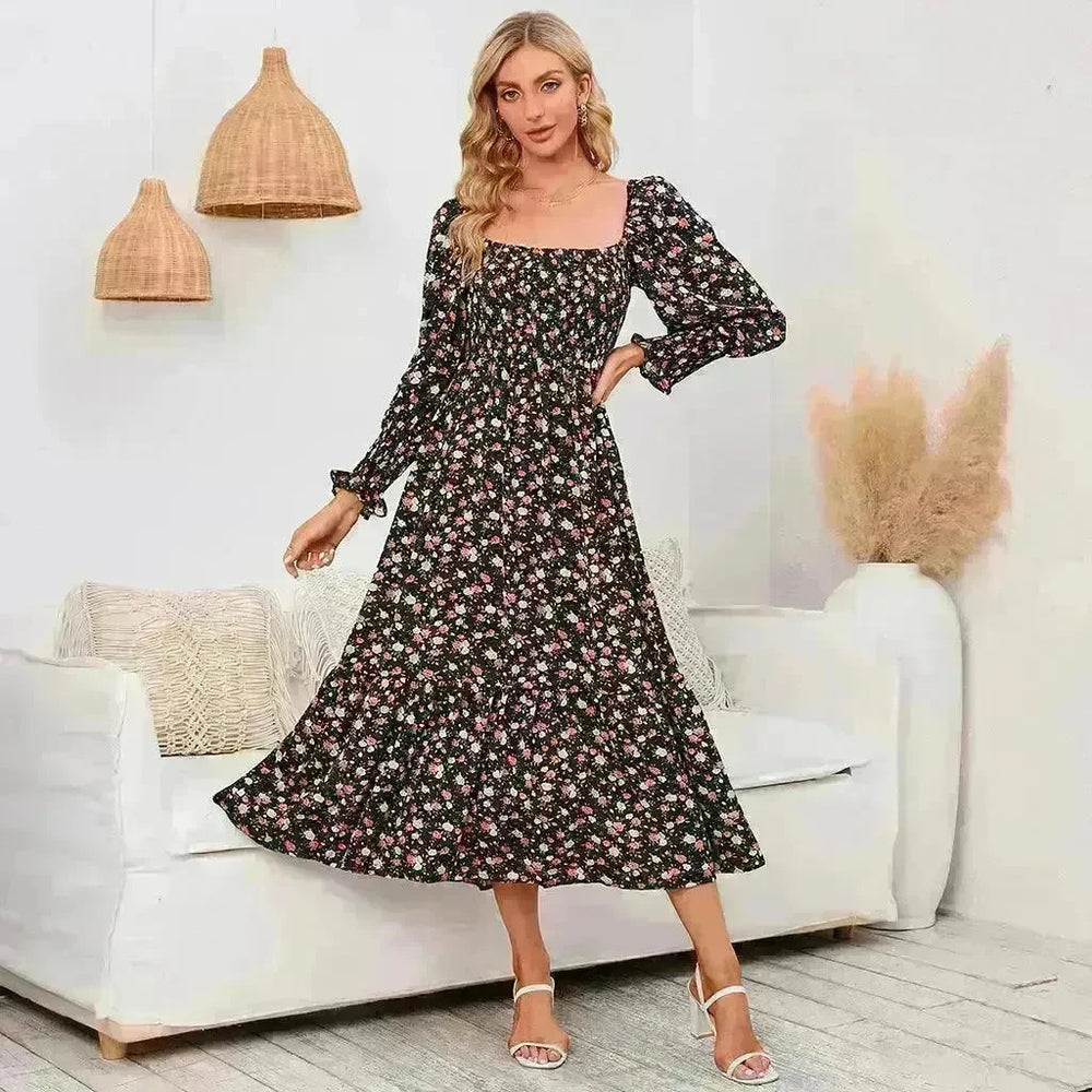 Chiffon European And American Square Collar Horn Printing Comfortable Floral Skirt - EX-STOCK CANADA