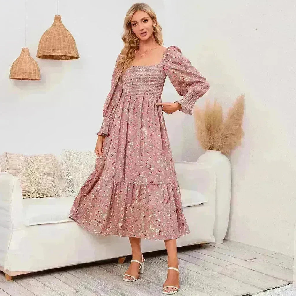 Chiffon European And American Square Collar Horn Printing Comfortable Floral Skirt - EX-STOCK CANADA