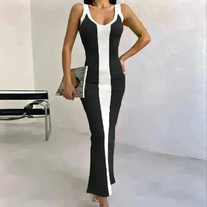 Contrast Color Knitted Mid-length Tight Braces Dress Women - EX-STOCK CANADA