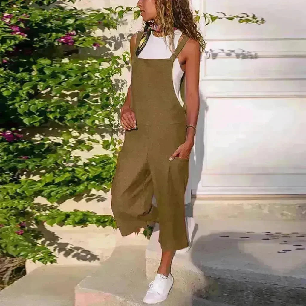 Cotton And Linen Casual Loose Long Wide Leg Jumpsuit - EX-STOCK CANADA