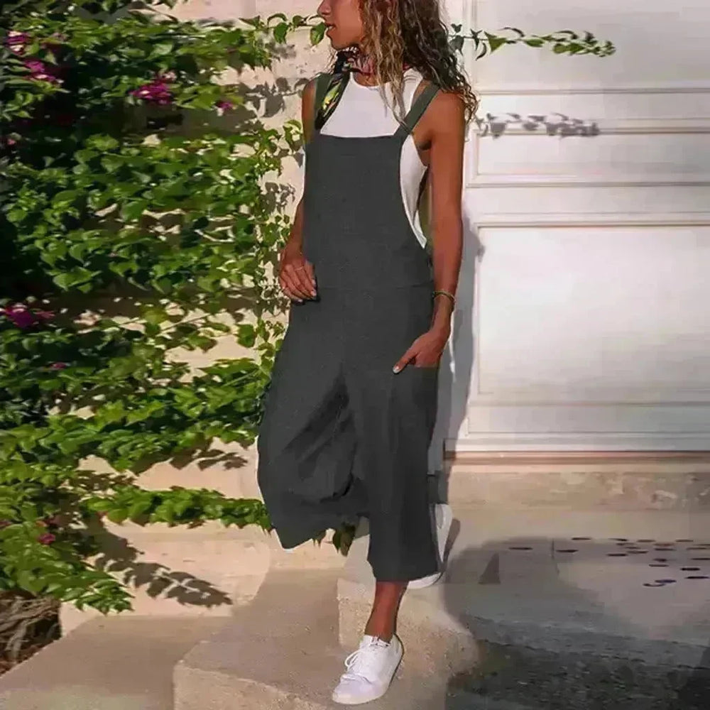 Cotton And Linen Casual Loose Long Wide Leg Jumpsuit - EX-STOCK CANADA