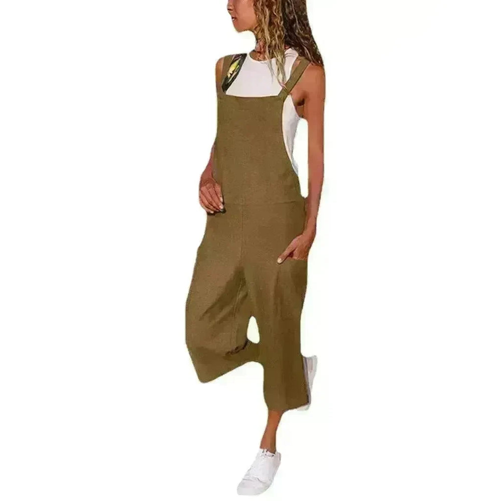 Cotton And Linen Casual Loose Long Wide Leg Jumpsuit - EX-STOCK CANADA