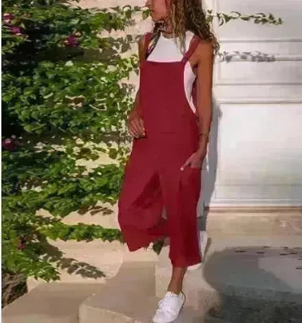Cotton And Linen Casual Loose Long Wide Leg Jumpsuit - EX-STOCK CANADA