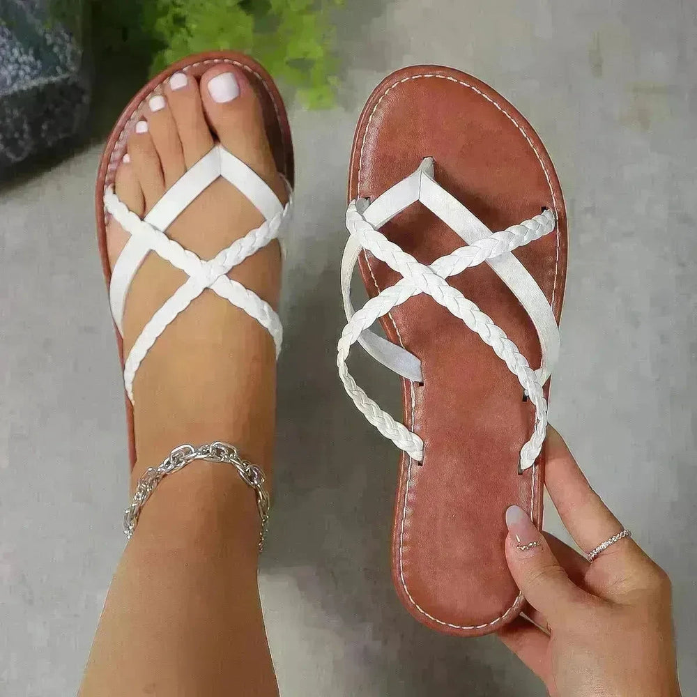Cross-woven Design Thong Sandals Summer Flat Shoes Women Flip Flops Slides Casual Vacation Beach Slippers - EX-STOCK CANADA