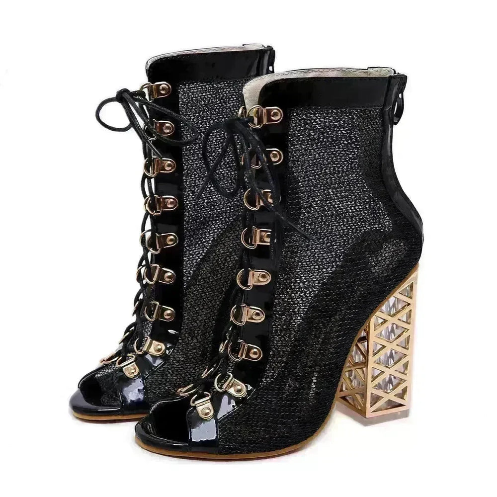 Crystal thick heel mesh hollow high heel - EX-STOCK CANADA
