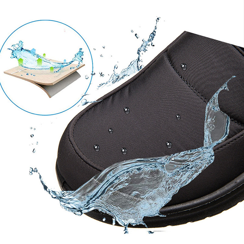 Black shoe sole with water splashes and a close-up inset showing water droplets on a wooden surface.