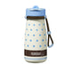 Children's water bottle with polka dot design and blue lid on a white background