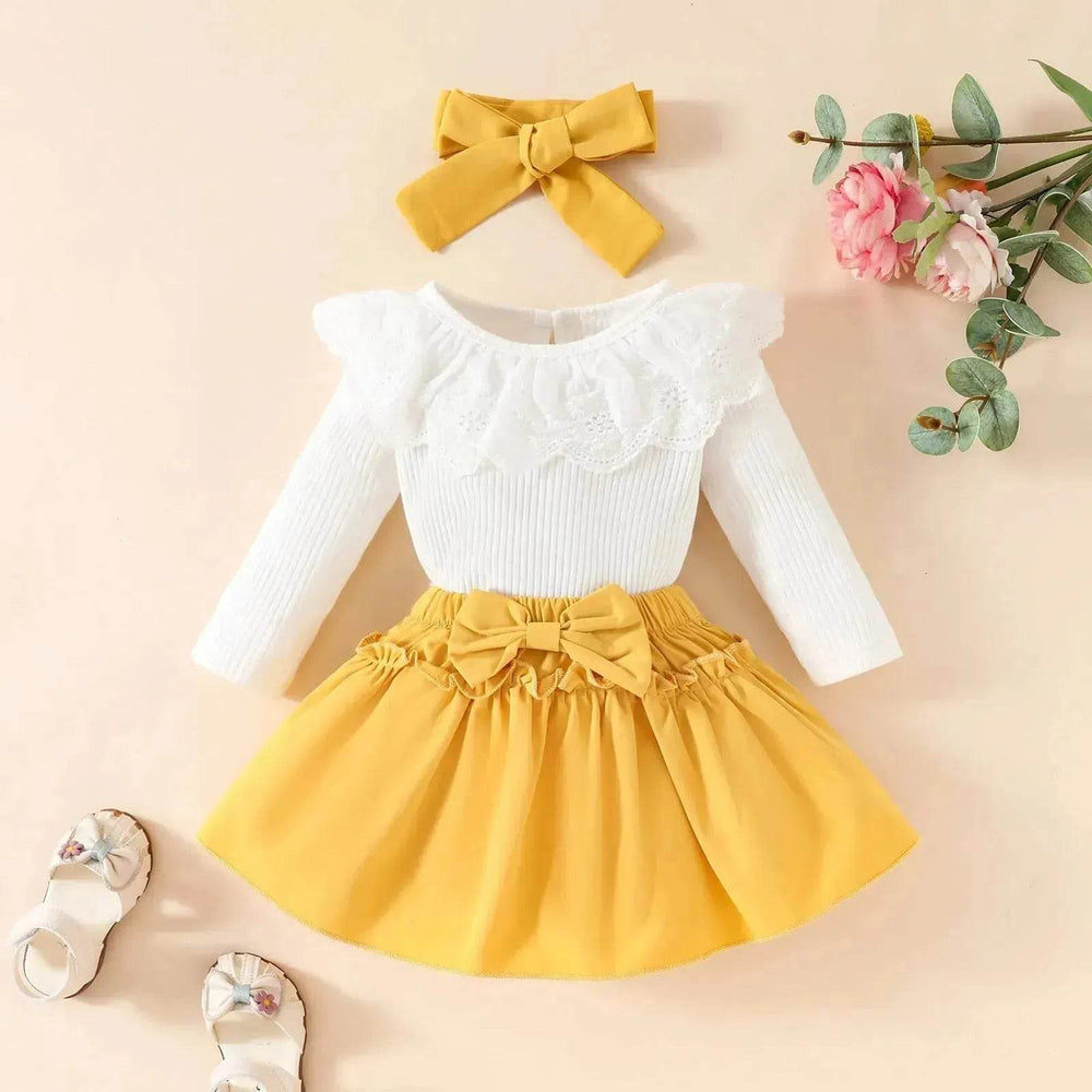 Two piece Baby Girl Lace Ruffles Long-sleeve romper Bow Skirt Hair Bowtie Band baby girl outwear - EX-STOCK Canada