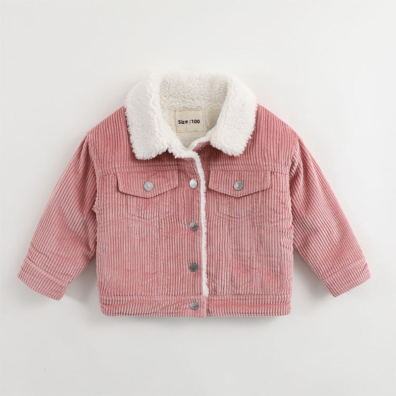Pink corduroy jacket with white sherpa lining on a light gray background