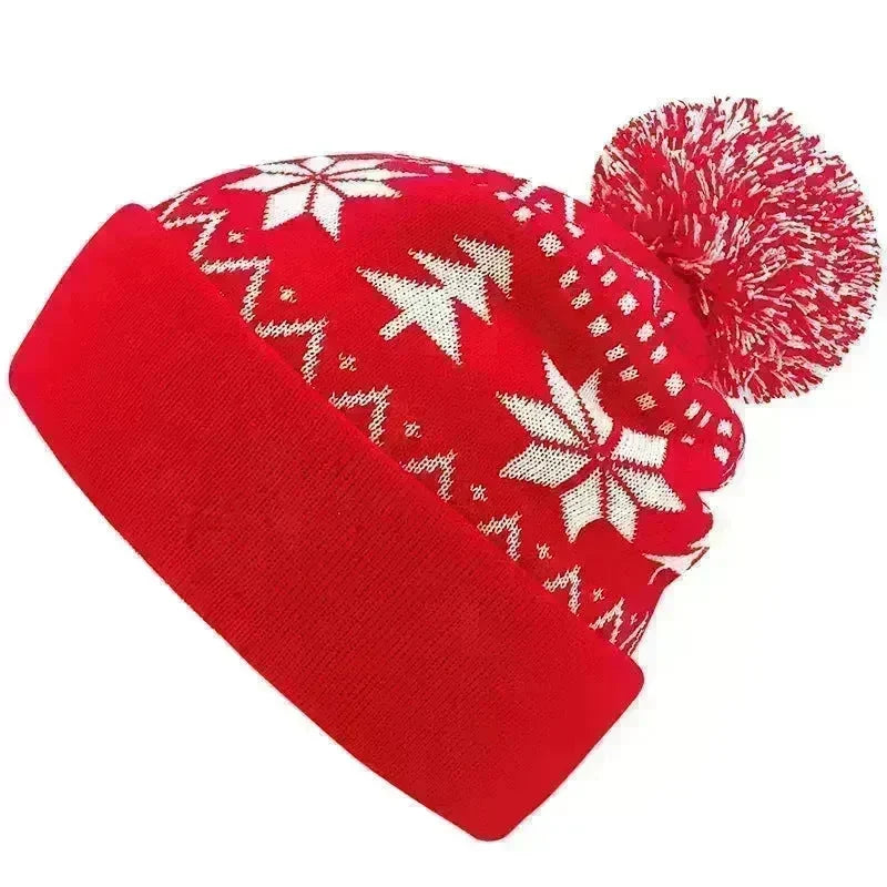 Jacquard Christmas Fluffy Ball Cap Thermal Head Cover Knitted Hat - EX-STOCK CANADA