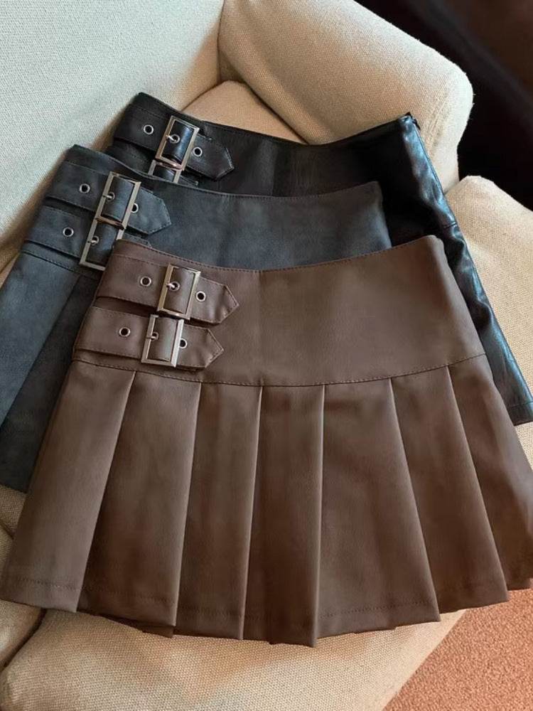 Women's American-style Vintage Mini Pleated Leather Skirt - EX-STOCK Canada