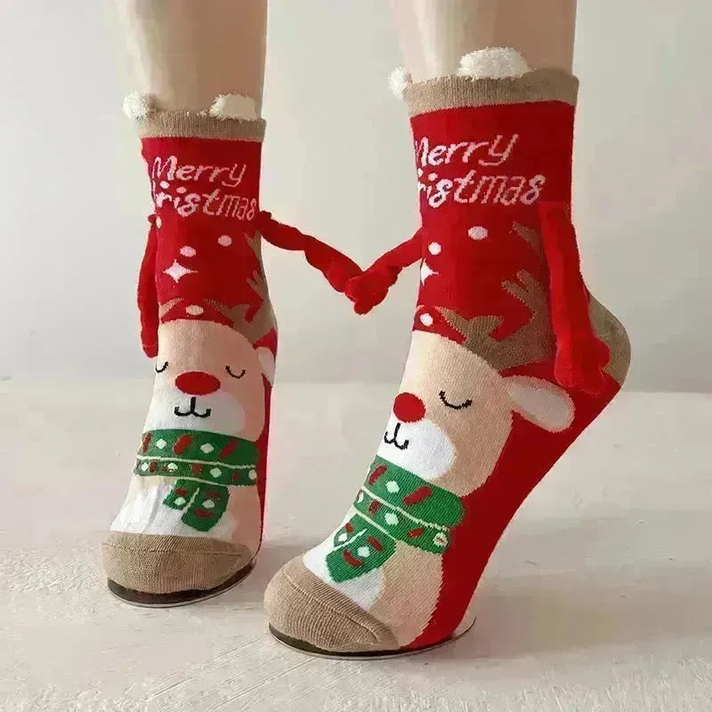 Christmas Magnetic Socks Cute Elk Santa Claus Snowman Hand-holding Socks For Couple - EX-STOCK CANADA