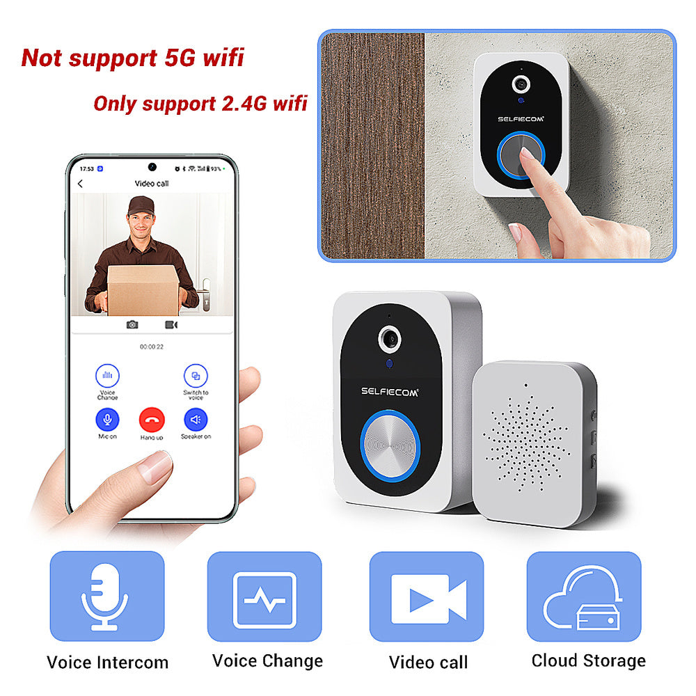 D10 Intelligent Wireless Doorbell Camera With Rechargeable Battery, Two-way Audio, 2.4G Wi Fi, APP Remote Intercom, Free Rolling Cloud Storage Built-in Battery EX-STOCK