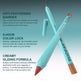 Two lip liner pencils with text describing their features on a gradient background