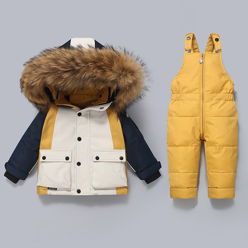 Yellow Kids Thickened Down Jacket & Bib Overalls Two-Piece Winter Set | Boys Girls Snowsuit