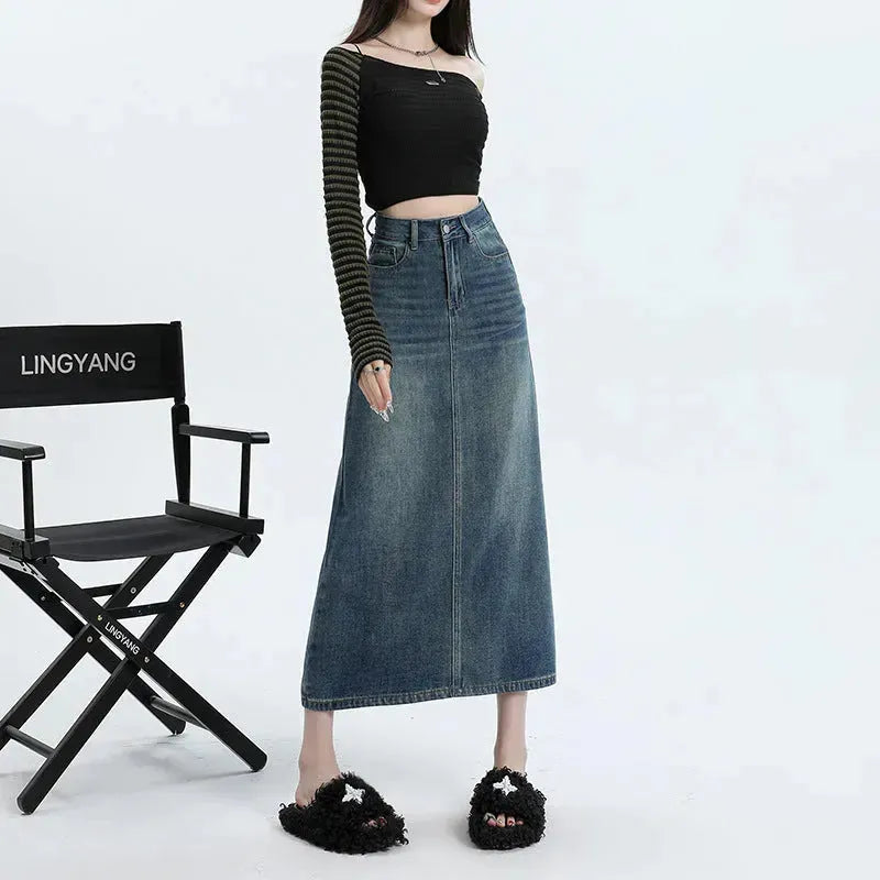 High Waisted Denim Skirt Design Pocket back Slit Retro Hip-wrapped Midi Skirt - EX-STOCK CANADA