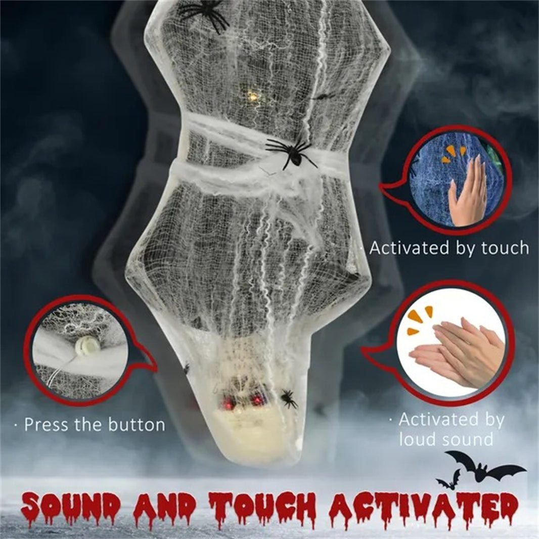 55.9 Inch4.7ft Life Size Outdoor Halloween Decoration Hanging Mummy With Spider Web, Animated Prop Decor With Sound And Motion Activated, Light Up Eyes, Creepy Sound EX-STOCK Canada 