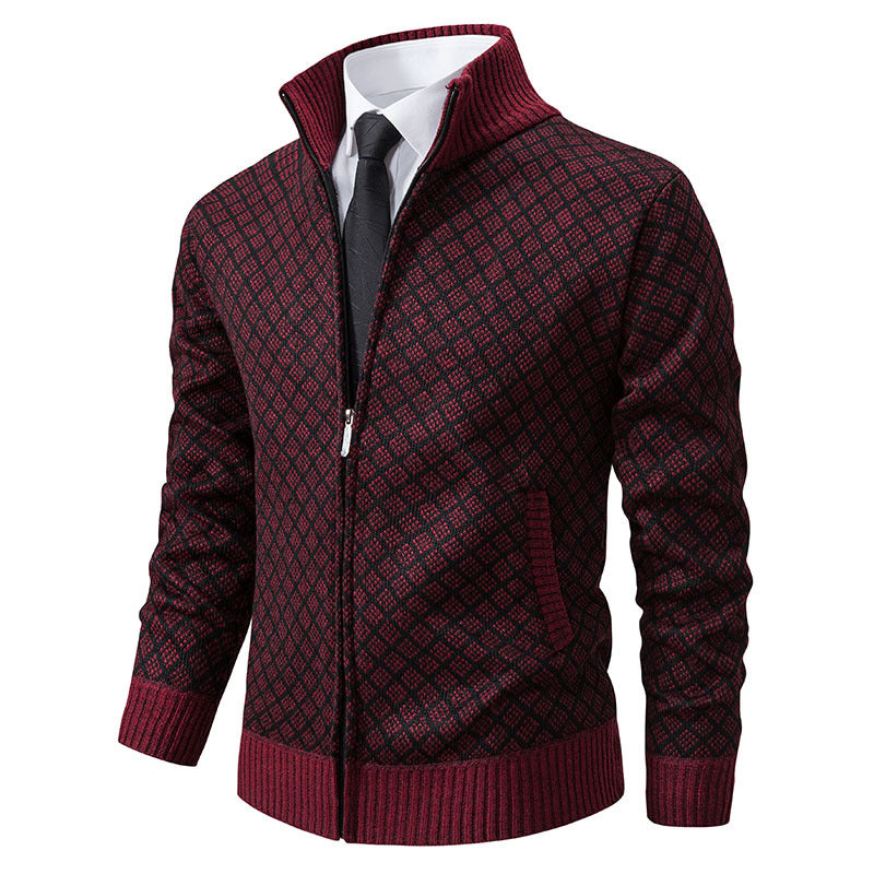 Thickened Plaid Print Jacket Cardigan Fashion Slim Fit Zipper Stand Collar Sweater Winter Men's Casual Long Sleeve Knitted Top Clothing EX-STOCK Canada 