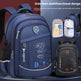 Blue and black backpacks with side door multifunctional design feature