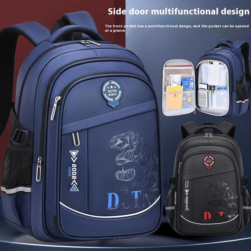 Blue and black backpacks with side door multifunctional design feature