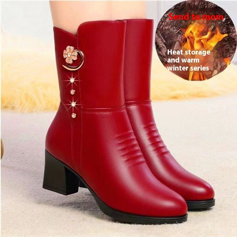 Women's Velvet-Lined Block Heel Mid-Calf Boots – Warm Winter Leather Dress Boots