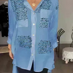 Letter Print Long Sleeve Shirt Fashion Commuter Style Lapel Shirt Women's Clothing - EX-STOCK CANADA