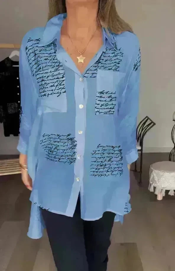 Letter Print Long Sleeve Shirt Fashion Commuter Style Lapel Shirt Women's Clothing - EX-STOCK CANADA
