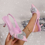 New Summer Women's European Style Bow & Rhinestone Pointed Toe Slim Heel Sandals, Plus Size High Heels 