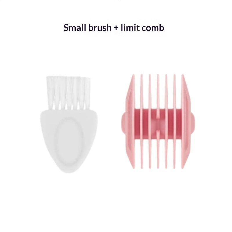 A hair clipper accessory set featuring a small white brush and a pink limit comb guide, shown on a plain white background with the text 'Small brush + limit comb' above.