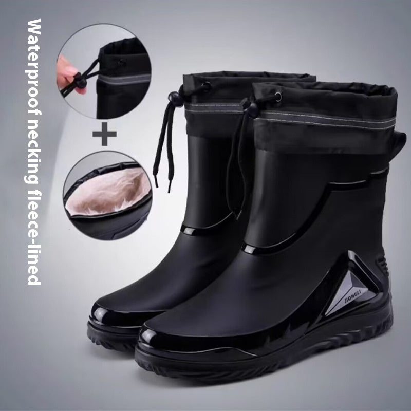 Black rain boots with waterproof necking fleece lining on a gray background